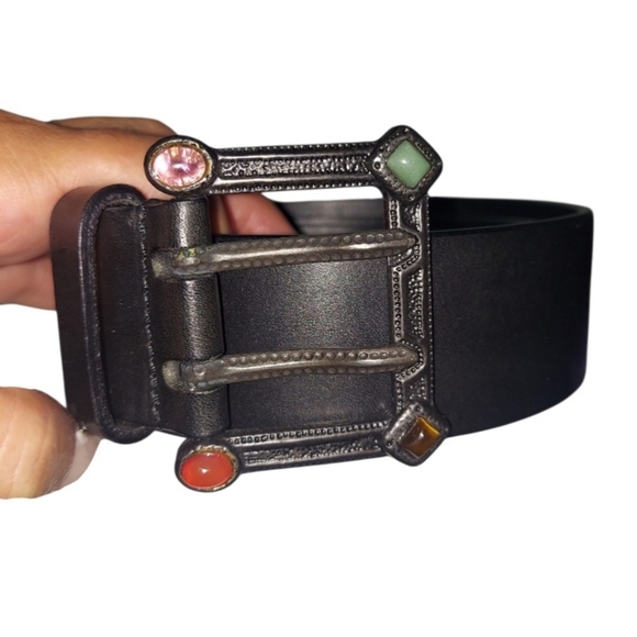 Valentino Garavani Black Leather Belt with Multicolor Gemstone Buckle main image 7
